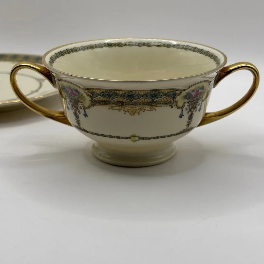 Vtg Black Knight Selb Bavaria Cream Soup Bowl and Saucer Set Floral Gold Gilt 30